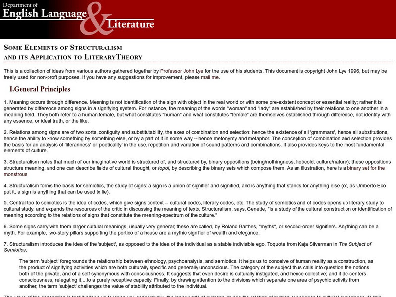 Brock University: Elements of Structuralism Handout Brock University: Elements of Structuralism Handout