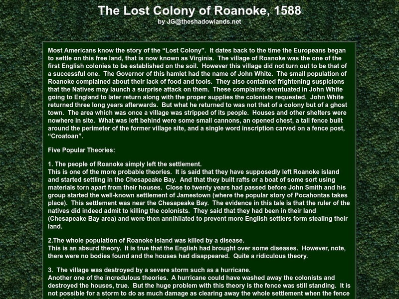 Shadowlands: The Lost Colony of Roanoke, 1588 Handout