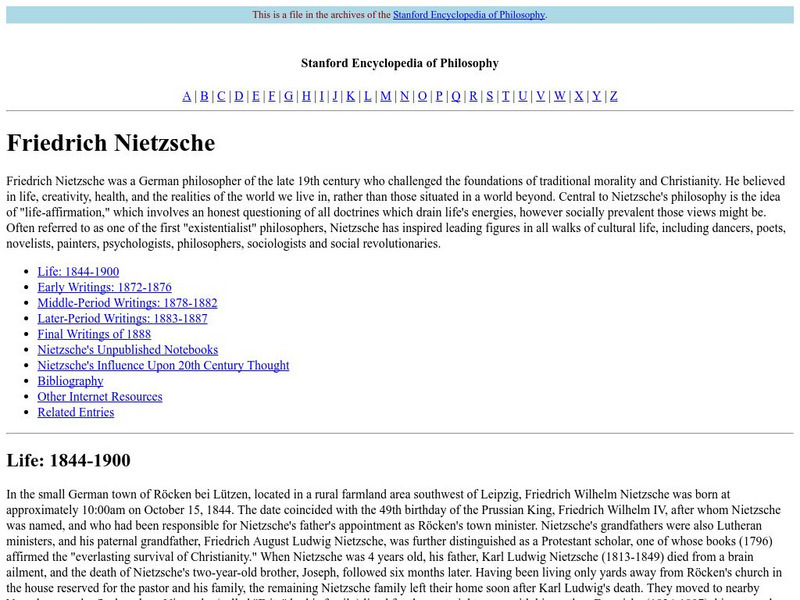 Stanford Encyclopedia of Philosophy: Friedrich Nietzsche Handout Stanford Encyclopedia of Philosophy: Friedrich Nietzsche Handout