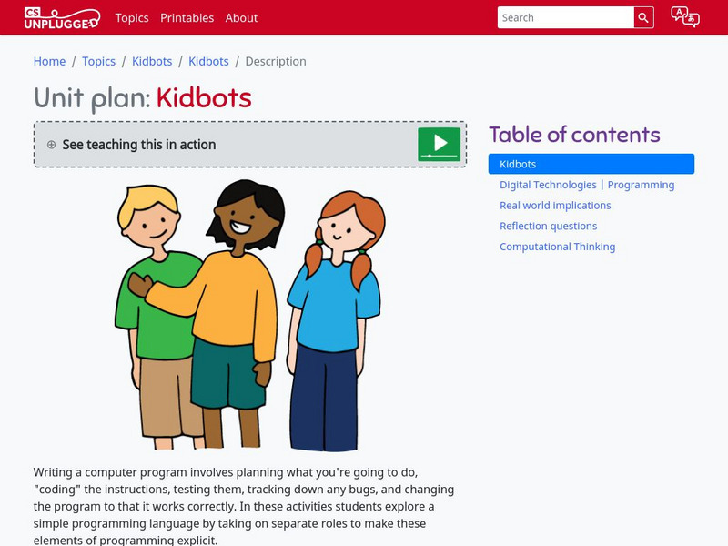Cs Unplugged: Unit Plan: Kidbots Lesson Plan Cs Unplugged: Unit Plan: Kidbots Lesson Plan
