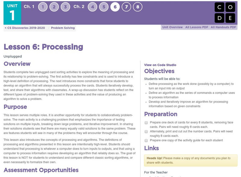 Code.org: Cs Fundamentals: Lesson 6: Processing Lesson Plan Code.org: Cs Fundamentals: Lesson 6: Processing Lesson Plan