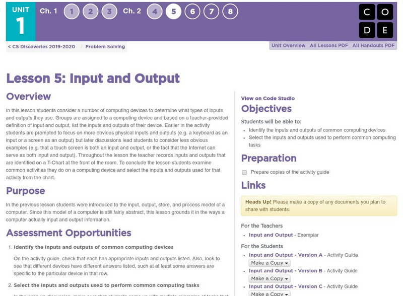 Code.org: Cs Fundamentals: Input and Output Lesson Plan Code.org: Cs Fundamentals: Input and Output Lesson Plan