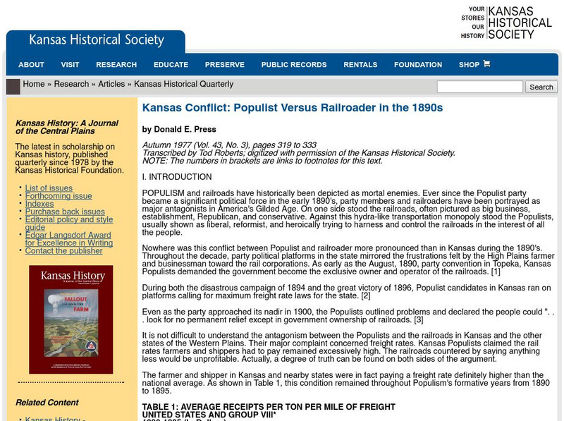 Kansas Conflict: Populist Versus Railroader in the 1890s Article