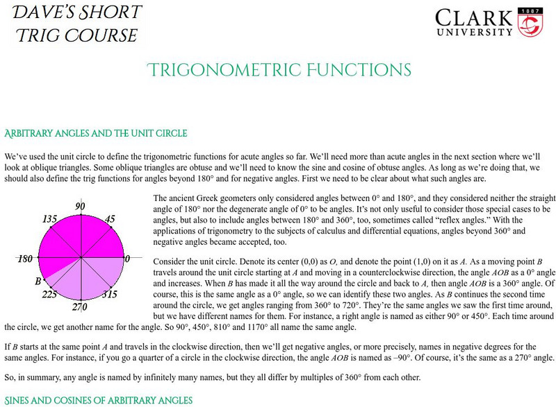 Clark University: Dave's Short Trig Course: Trigonometric Functions Activity Clark University: Dave's Short Trig Course: Trigonometric Functions Activity