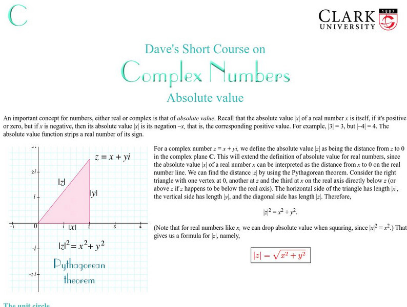 Clark University: Dave's Short Trig Course: Complex Numbers: Absolute Value Handout