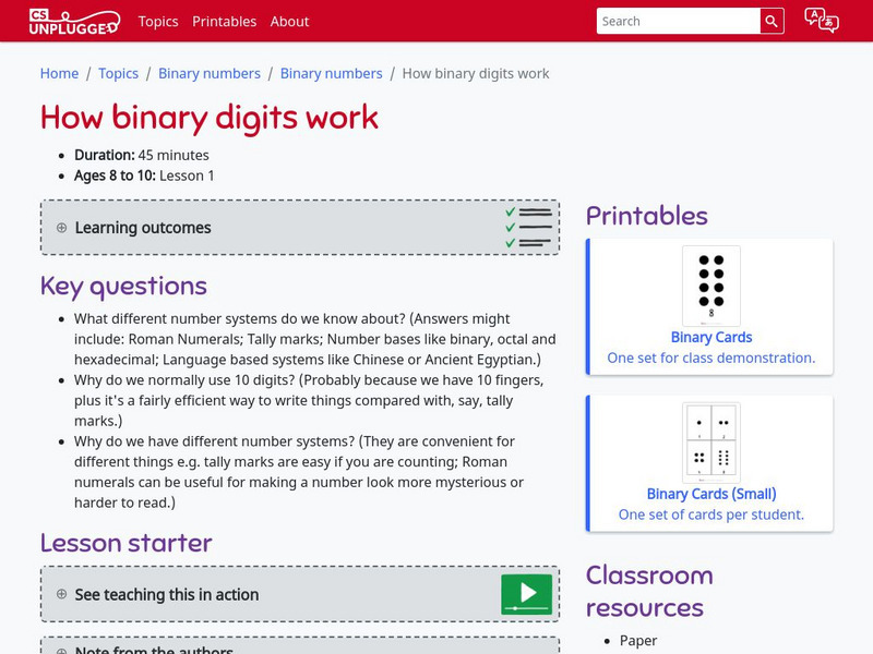 Cs Unplugged: How Binary Digits Work Lesson Plan Cs Unplugged: How Binary Digits Work Lesson Plan