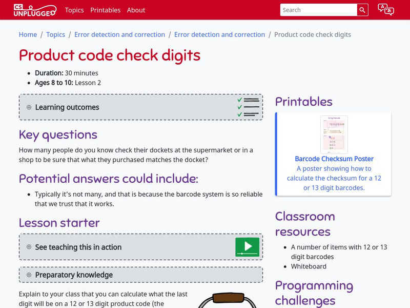 Cs Unplugged: Product Code Check Digits Lesson Plan Cs Unplugged: Product Code Check Digits Lesson Plan