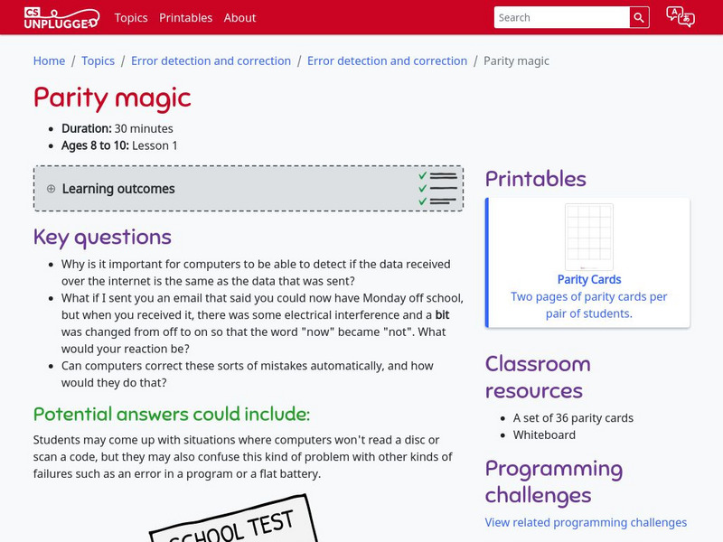 Cs Unplugged: Parity Magic Lesson Plan Cs Unplugged: Parity Magic Lesson Plan