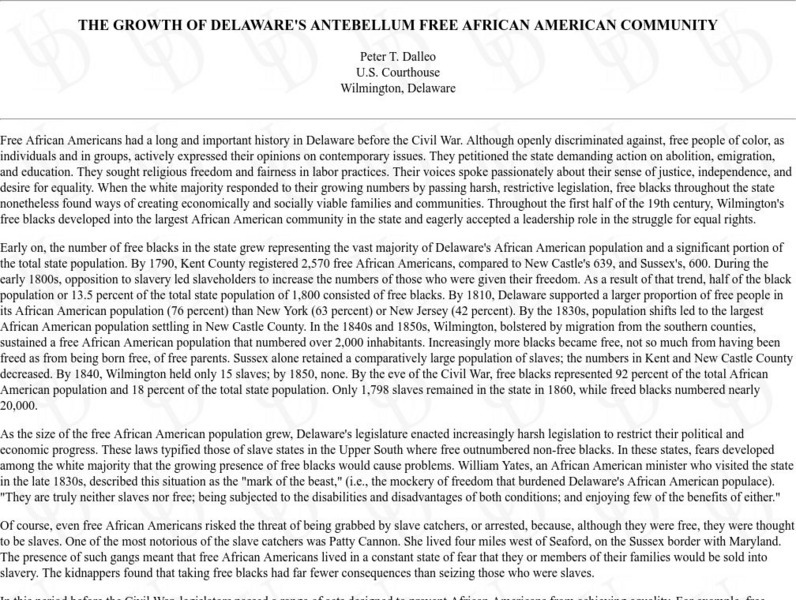 The Growth of Delaware's Antebellum Free African American Community Article The Growth of Delaware's Antebellum Free African American Community Article