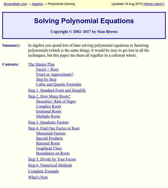 Brown Math: Solving Polynomial Equations Handout Brown Math: Solving Polynomial Equations Handout