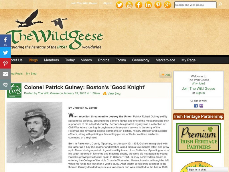 Wild Geese Today: Colonel Patrick Guiney: Boston's 'Good Knight' Website Wild Geese Today: Colonel Patrick Guiney: Boston's 'Good Knight' Website