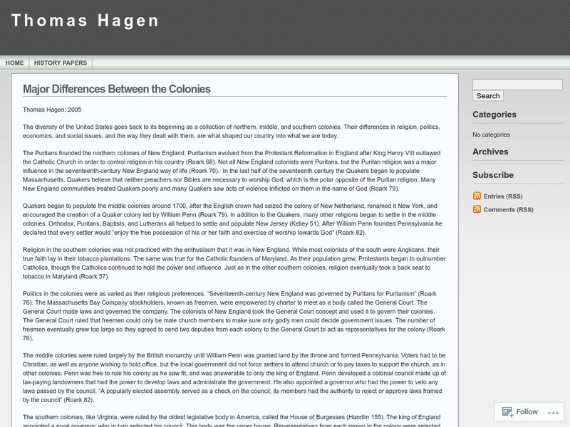 Thomas Hagen: Major Differences Between the Colonies Article Thomas Hagen: Major Differences Between the Colonies Article