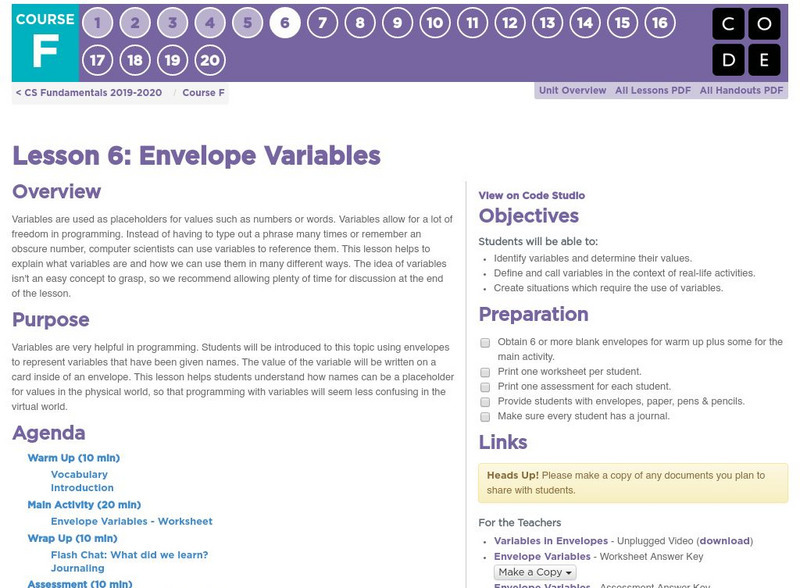 Code.org: Cs Fundamentals: Lesson 6: Envelope Variables Lesson Plan Code.org: Cs Fundamentals: Lesson 6: Envelope Variables Lesson Plan