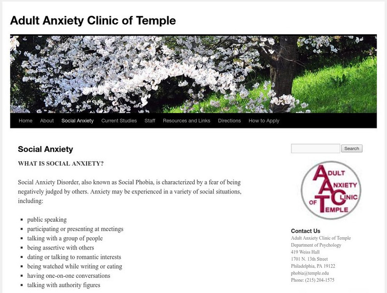 Temple: Adult Anxiety Clinic: Social Anxiety Website