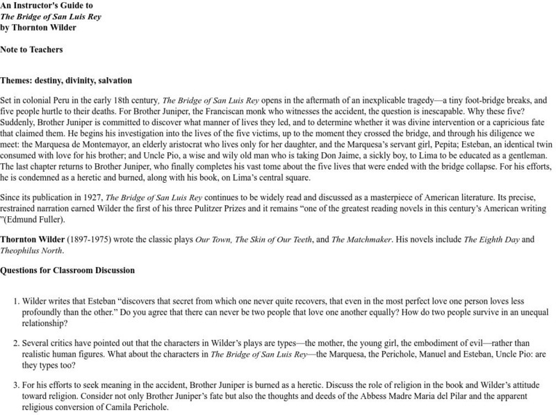 An Instructor's Guide to "The Bridge of San Luis Rey" Unit Plan