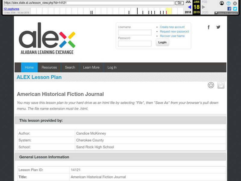 Alex: American Historical Fiction Journal Lesson Plan Alex: American Historical Fiction Journal Lesson Plan