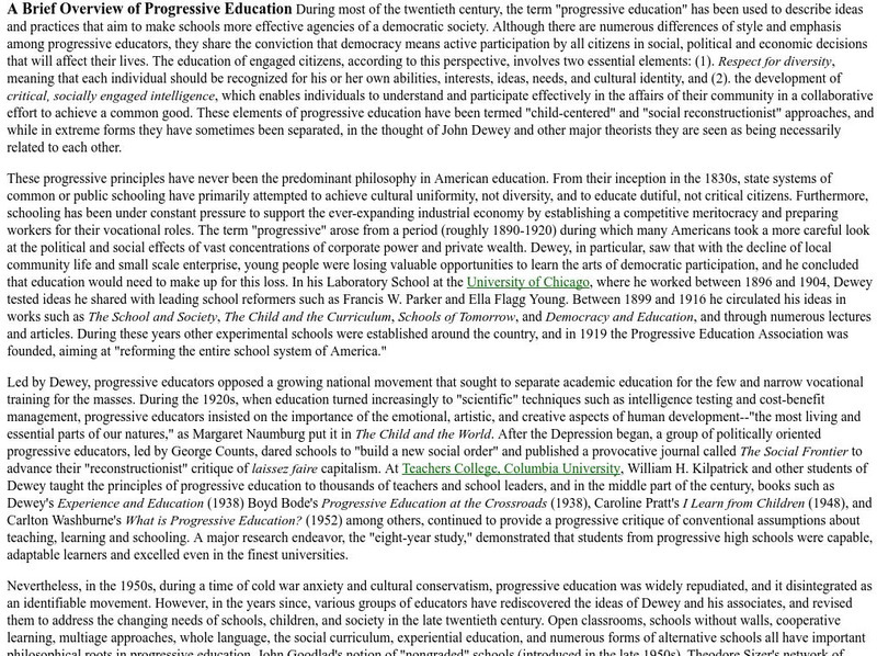 University of Vermont: A Brief Overview of Progressive Education Article University of Vermont: A Brief Overview of Progressive Education Article