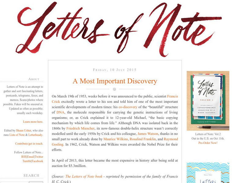 Letters of Note: A Most Important Discovery Primary Letters of Note: A Most Important Discovery Primary