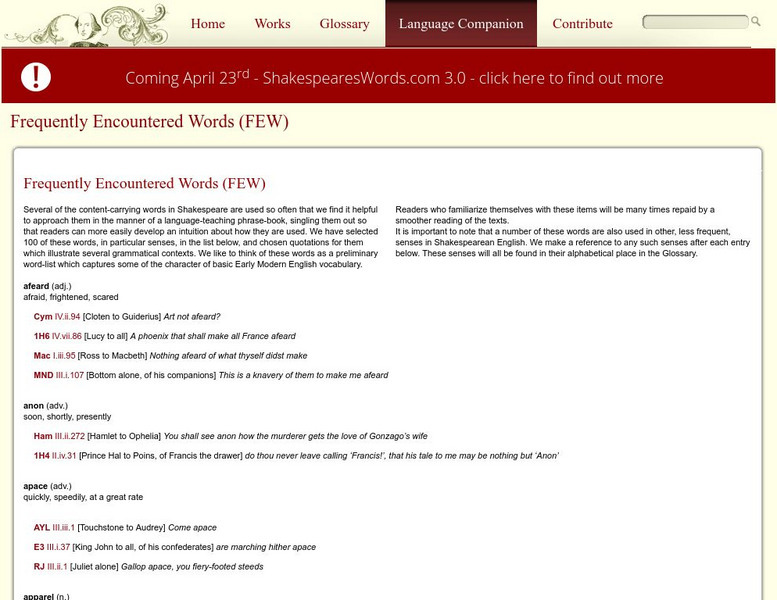 Shakespeare Portal: Frequently Encountered Words Handout Shakespeare Portal: Frequently Encountered Words Handout