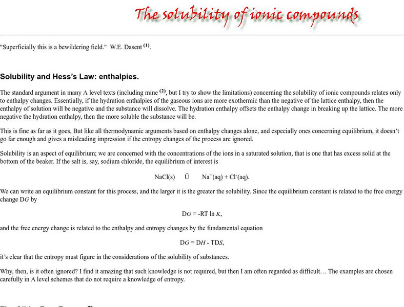 Dr. Rod Beavon: The Solubility of Ionic Compounds Handout Dr. Rod Beavon: The Solubility of Ionic Compounds Handout