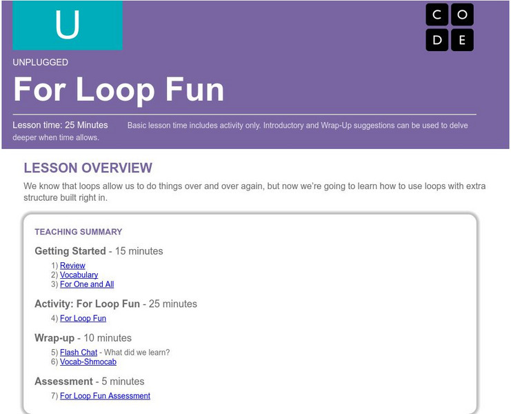 Code.org: For Loop Fun Lesson Plan Code.org: For Loop Fun Lesson Plan