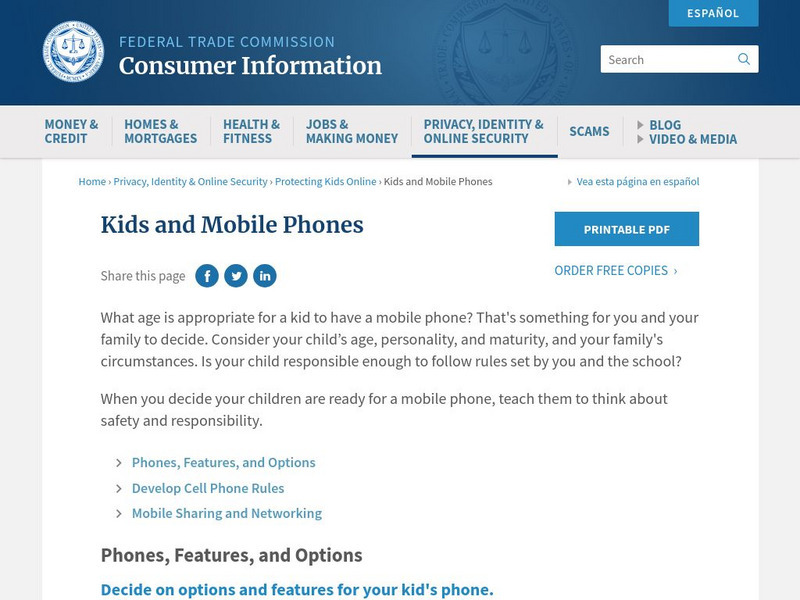 Ftc: Protecting Kids Online: Kids and Mobile Phones Handout Ftc: Protecting Kids Online: Kids and Mobile Phones Handout