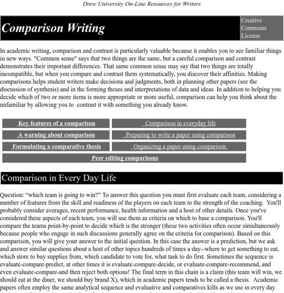 Drew University: Resources for Writers Comparison Writing Handout Drew University: Resources for Writers Comparison Writing Handout