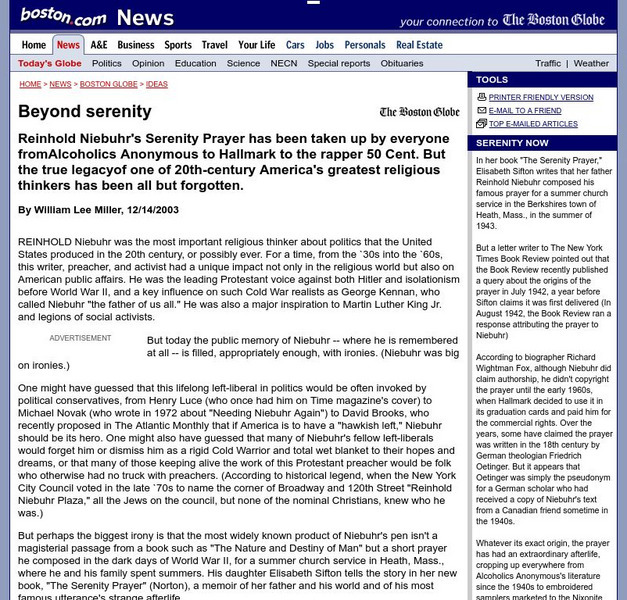 Boston Globe: Beyond Serenity: Life of Reinhold Niebuhr Article Boston Globe: Beyond Serenity: Life of Reinhold Niebuhr Article