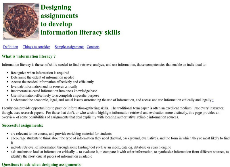 Drew University: Designing Assignments to Develop Information Literacy Skills Website