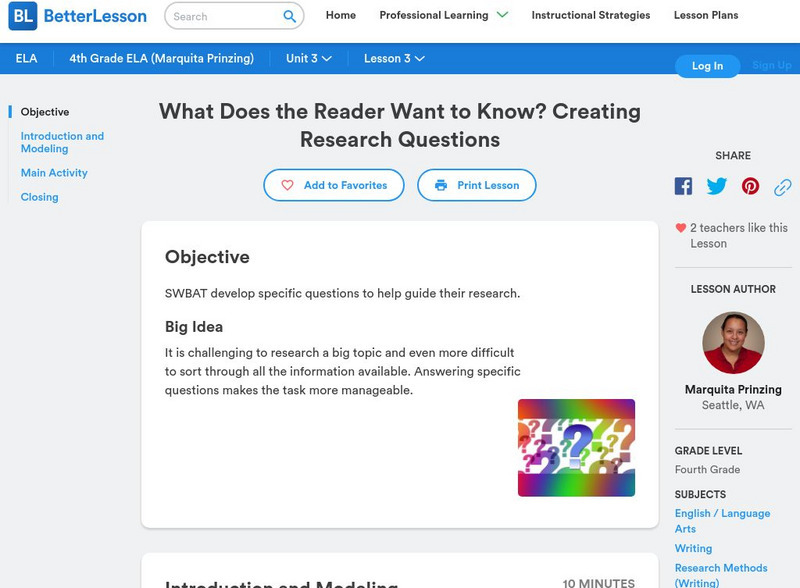 Better Lesson: What Does the Reader Want to Know? Creating Research Questions Lesson Plan
