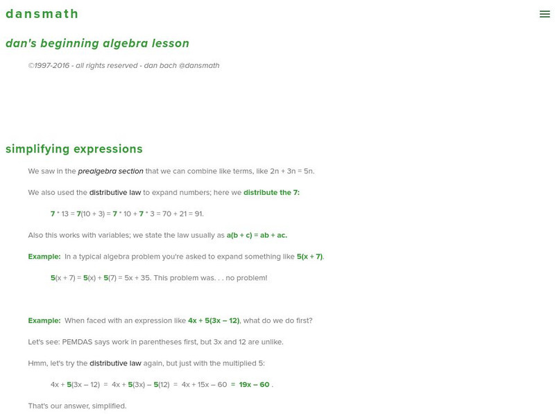 Dans Math: Lessons: Beginning Algebra Activity Dans Math: Lessons: Beginning Algebra Activity