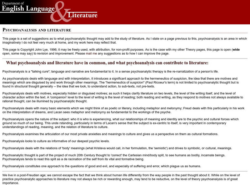 Brock University: Psychoanalysis and Literature Handout Brock University: Psychoanalysis and Literature Handout