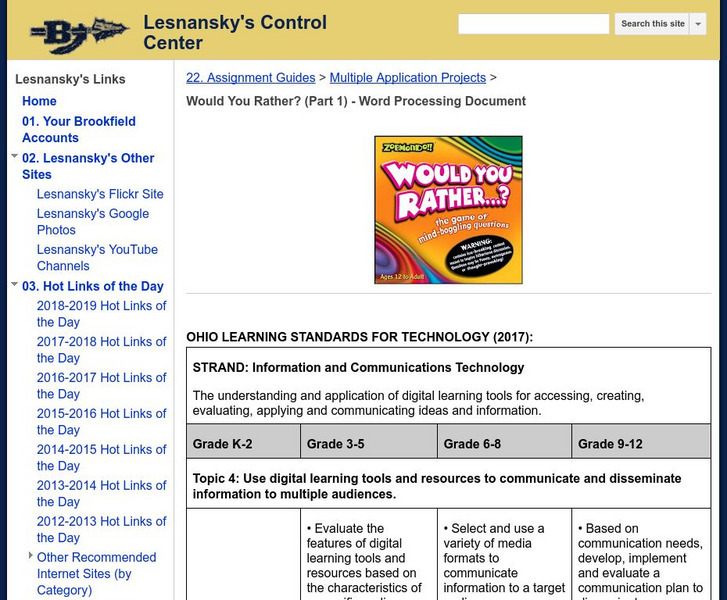 Brookfield High School: Lesnansky's Control Center: Would You Rather? (Part 1) Lesson Plan Brookfield High School: Lesnansky's Control Center: Would You Rather? (Part 1) Lesson Plan