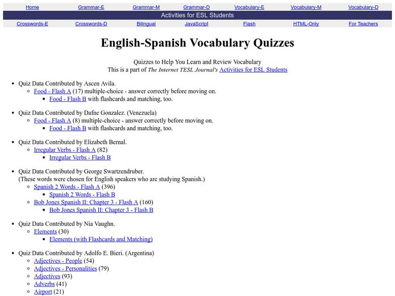 Tesl: English Spanish Vocabulary Quizzes Unknown Type Tesl: English Spanish Vocabulary Quizzes Unknown Type