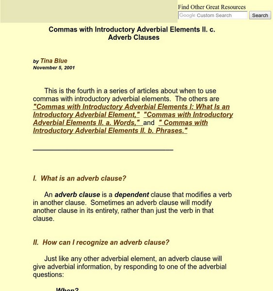 Commas With Introductory Adverbial Elements Handout Commas With Introductory Adverbial Elements Handout