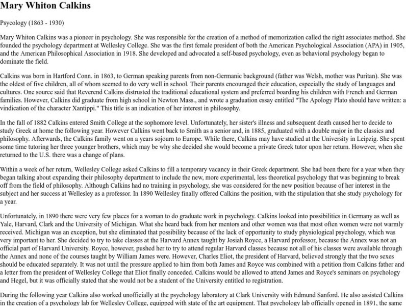 4000 Years of Women in Science: Mary Whiton Calkins Activity 4000 Years of Women in Science: Mary Whiton Calkins Activity
