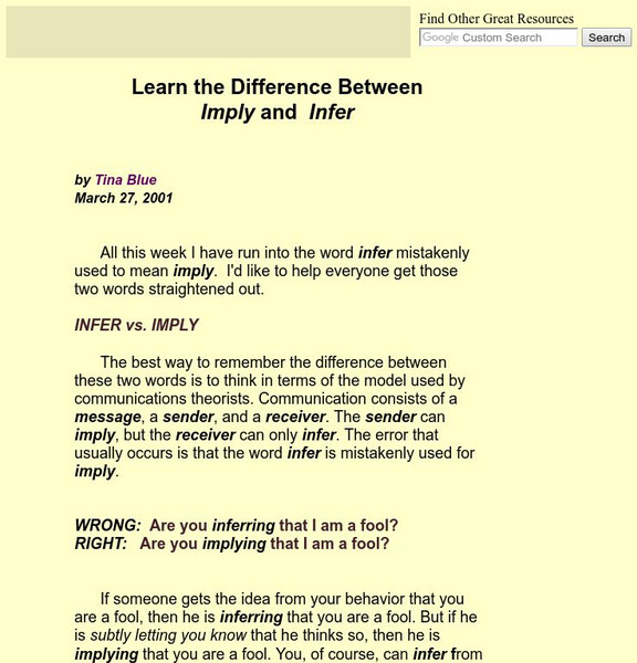 Learn the Difference Between "Imply" and "Infer" Handout Learn the Difference Between "Imply" and "Infer" Handout