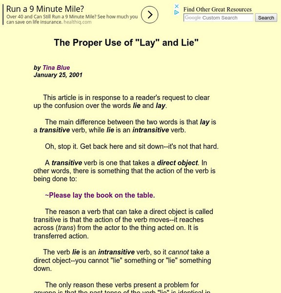 Grammar Tips: The Proper Use of "Lay" and "Lie" Handout Grammar Tips: The Proper Use of "Lay" and "Lie" Handout