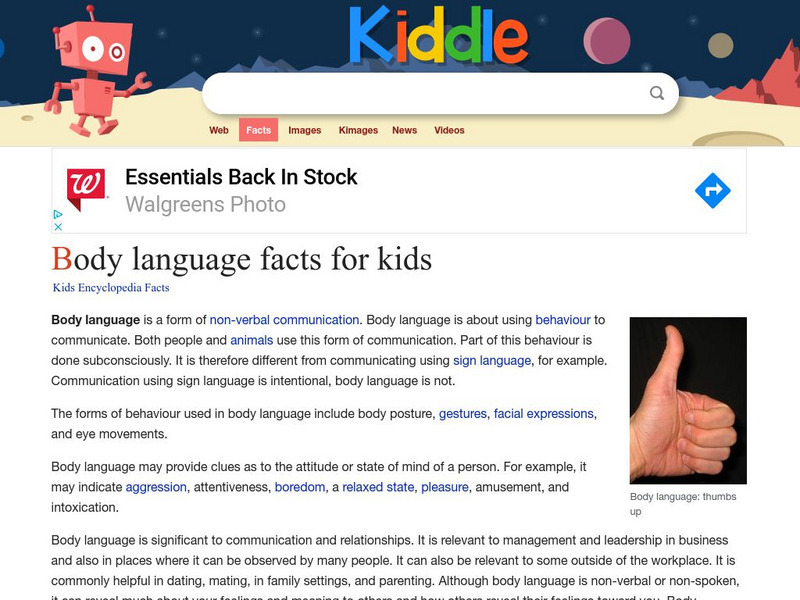 Kiddle Encyclopedia: Body Language Facts for Kids Handout Kiddle Encyclopedia: Body Language Facts for Kids Handout