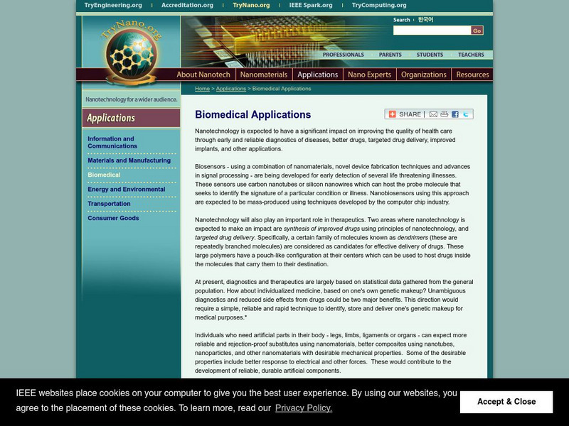 Try Nano: Applications: Biomedical Applications of Nanotechnology Handout Try Nano: Applications: Biomedical Applications of Nanotechnology Handout