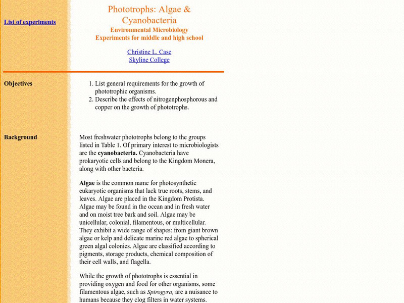Skyline College: Phototrophs: Algae and Cyanobacteria Activity Skyline College: Phototrophs: Algae and Cyanobacteria Activity