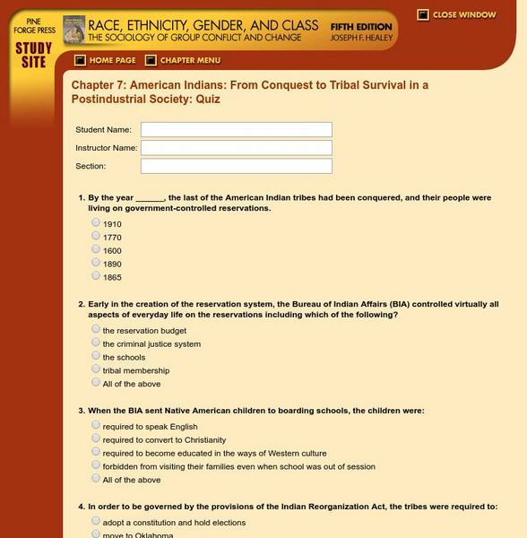 Pine Forge Press: Conquest to Tribal Survival in a Postindustrial Society: Quiz Unknown Type Pine Forge Press: Conquest to Tribal Survival in a Postindustrial Society: Quiz Unknown Type