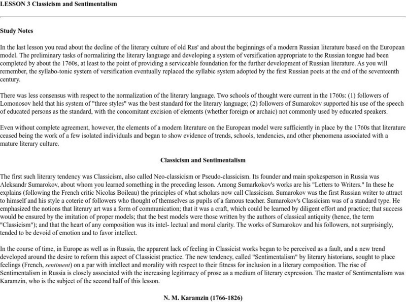 University of Minnesota: Classicism and Sentimentalism in Russian Literature Handout University of Minnesota: Classicism and Sentimentalism in Russian Literature Handout
