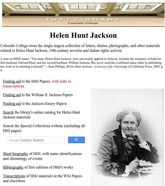 Colorado College: Tutt Library: Helen Hunt Jackson Papers Website Colorado College: Tutt Library: Helen Hunt Jackson Papers Website