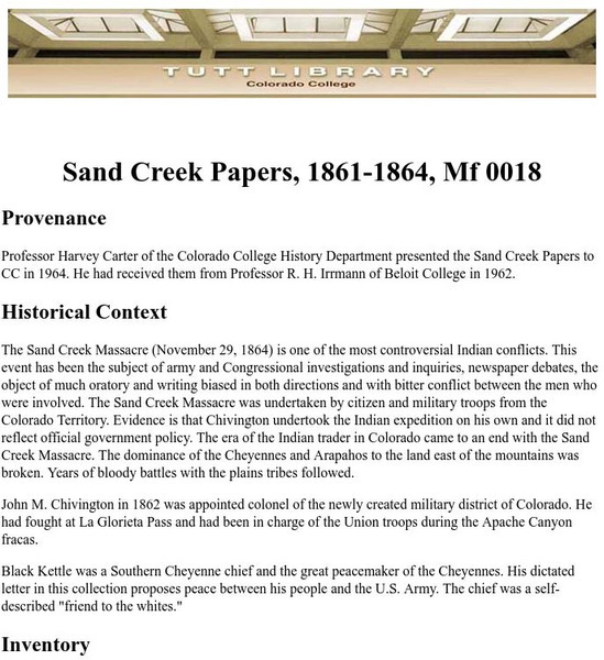 Colorado College: Tutt Library: Sand Creek Papers 1861 1864 Primary Colorado College: Tutt Library: Sand Creek Papers 1861 1864 Primary