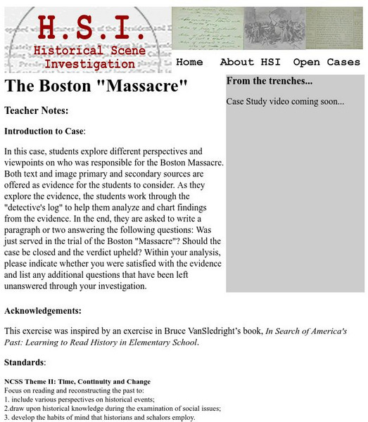 Historical Scene Investigation: The Boston "Massacre" Unit Plan Historical Scene Investigation: The Boston "Massacre" Unit Plan