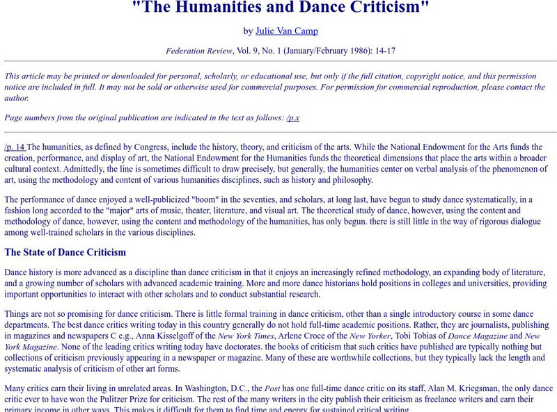 California State Univ.: Humanities and Dance Criticism Article California State Univ.: Humanities and Dance Criticism Article