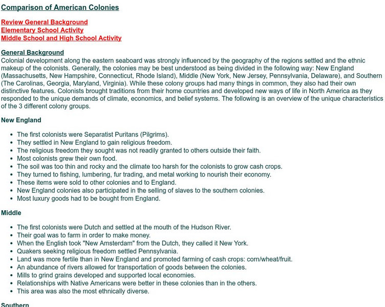 Sites Alive: Comparison of American Colonies Lesson Plan Sites Alive: Comparison of American Colonies Lesson Plan