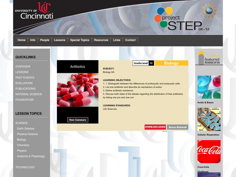 University of Cincinnati: Project Step: Antibiotics Lesson Plan University of Cincinnati: Project Step: Antibiotics Lesson Plan