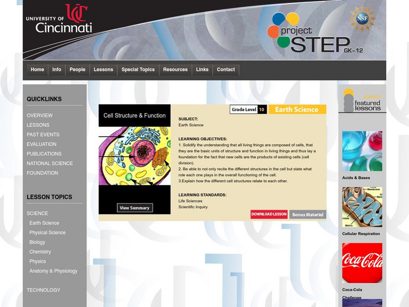 University of Cincinnati: Project Step: Cell Structure and Function Lesson Plan University of Cincinnati: Project Step: Cell Structure and Function Lesson Plan